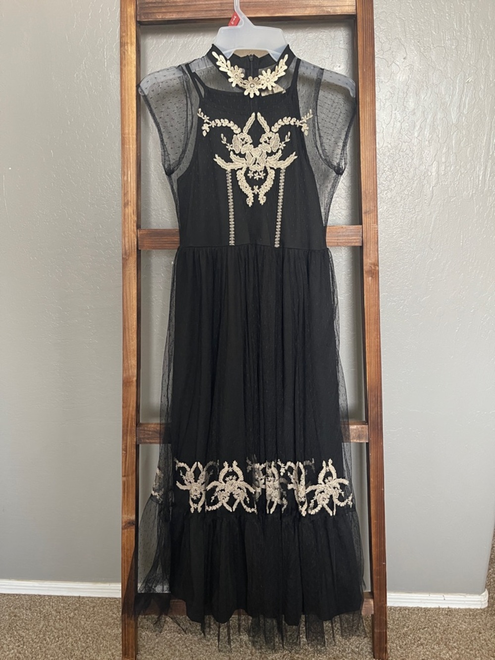 Joyfolie Black Tulle Dress with Cream Floral Appliqué Accents